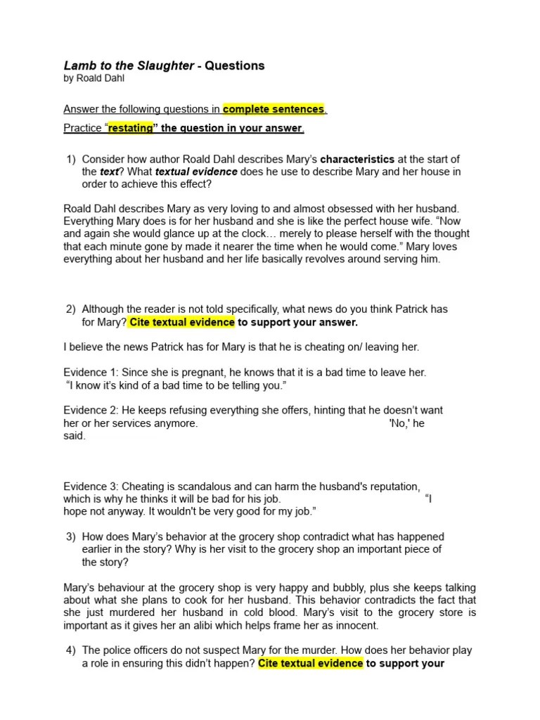 Lamb To The Slaughter Questions PDF Narration