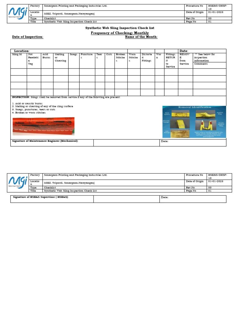 Work Organization Synthetic  Sling Inspection ChecklistHSE&SOHSF