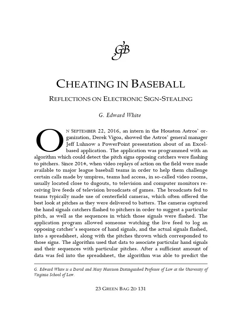 White, Cheating in Baseball PDF Pitcher Baseball Field