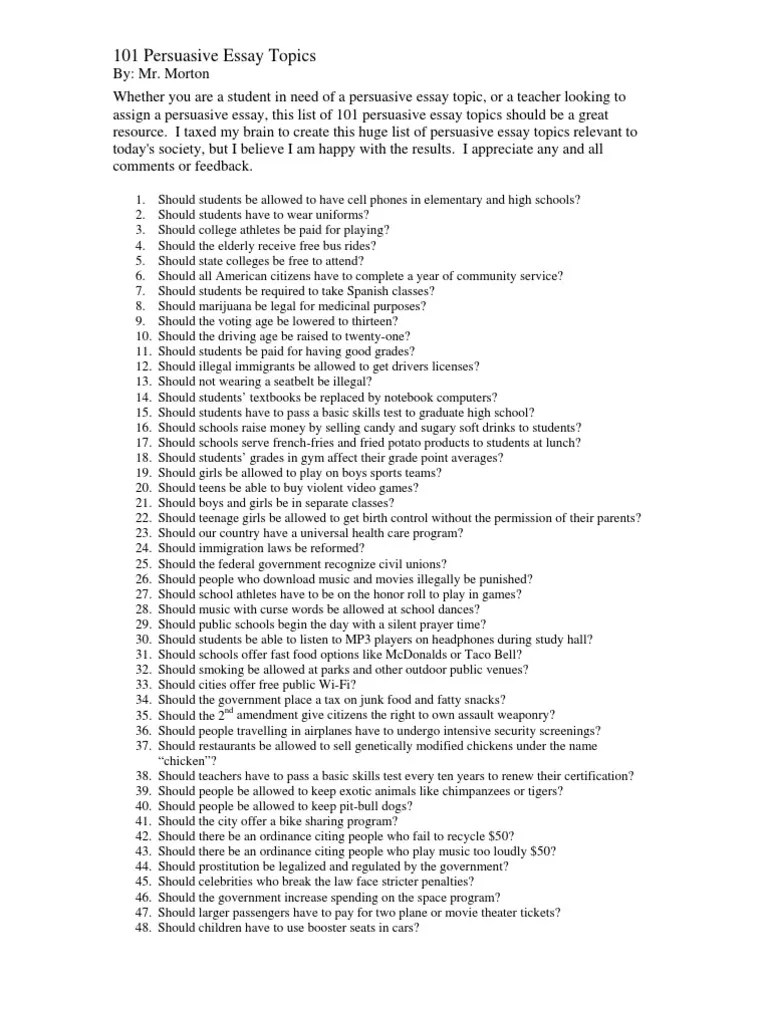 101 Persuasive Essay Topics Teachers Minor (Law)