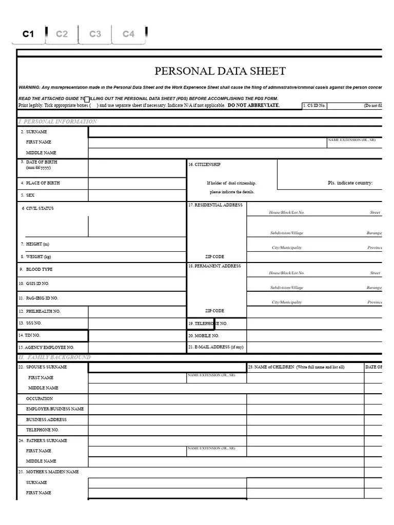 CS Form No. 212 Personal Data Sheet Revised PDF