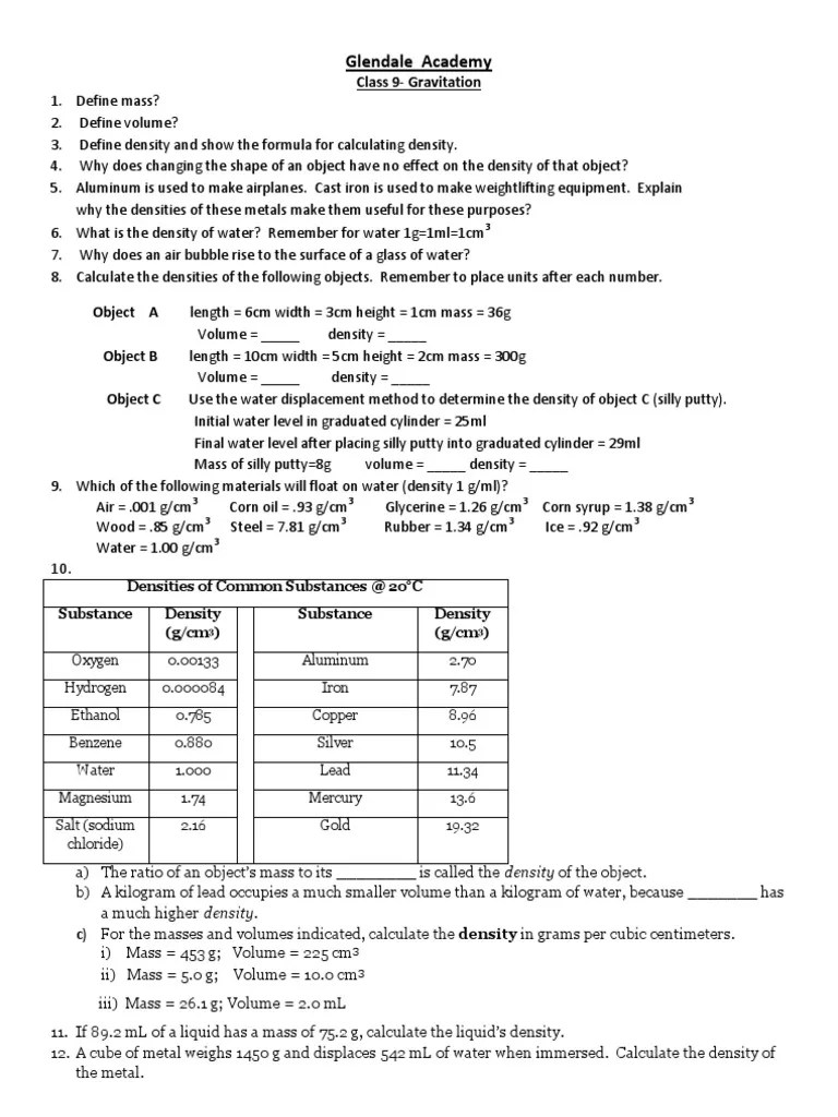 volume and density worksheet
