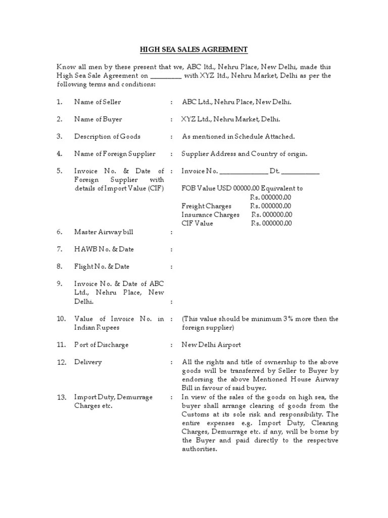 High Sea Sales Agreement Format Invoice Private Law