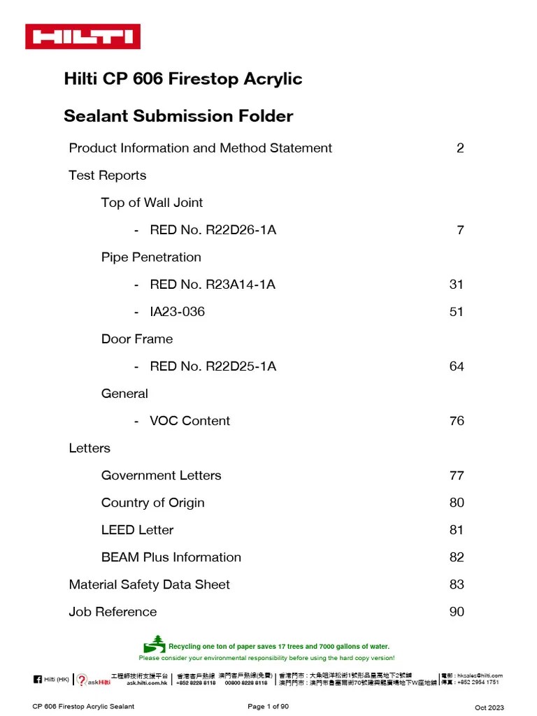 Hilti CP 606 Firestop Acrylic Sealant Submission Folder PDF Firefighting Toxicity
