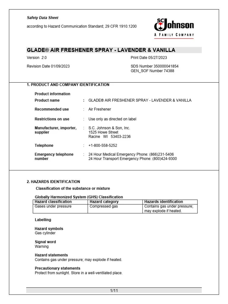 Glade Air Freshener Spray Lavender & Vanilla PDF Toxicity Chemistry