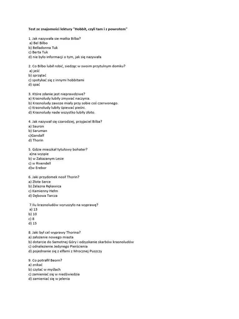 Test Ze Znajomości Lektury HOBBIT. Tam I Z Powrotem. Klasa 6 PDF