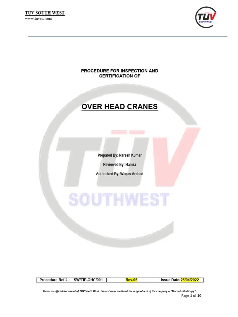 Overhead Crane Procedure PDF Crane (Machine) Rope