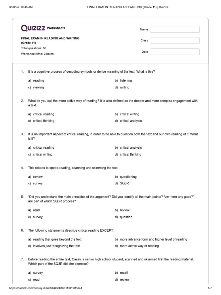 FINAL EXAM IN READING AND WRITING (Grade 11) Quizizz PDF