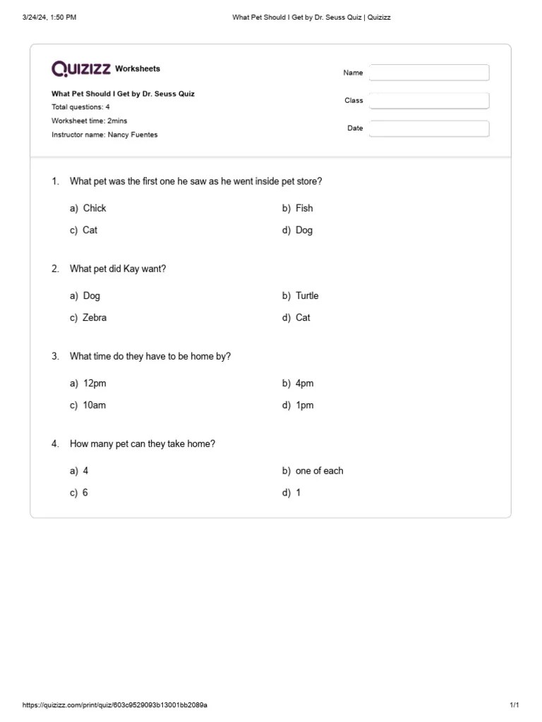 What Pet Should I Get by Dr. Seuss Quiz Quizizz PDF