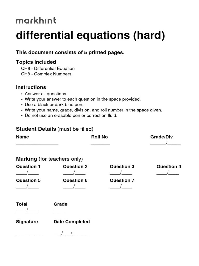 Differential Equations (Hard) PDF