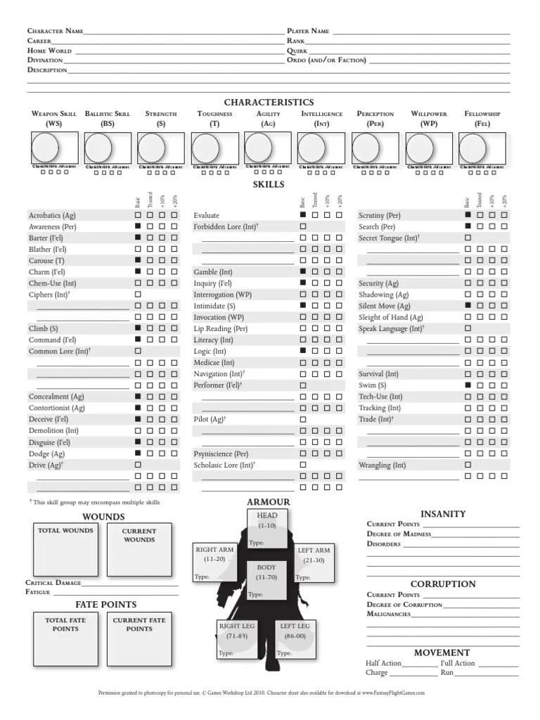 Dark Heresy Character Sheet 5 Page Printer Friendly Leisure