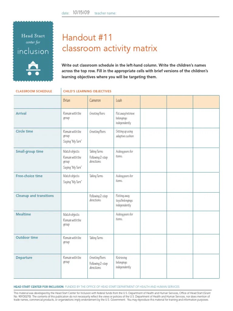 Handout 11 Classroom Activity Matrix PDF Classroom Learning