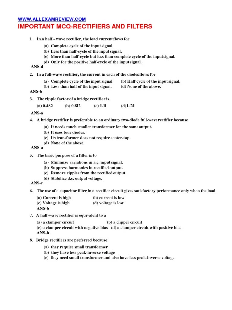 Important MCQ Rectifiers and Filters WWW Allexamreview Com Download
