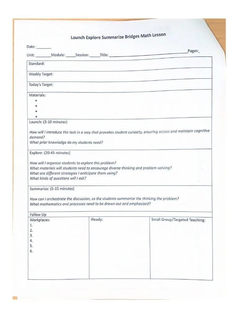 Launch Explore Summarize Bridges Math Lesson PDF