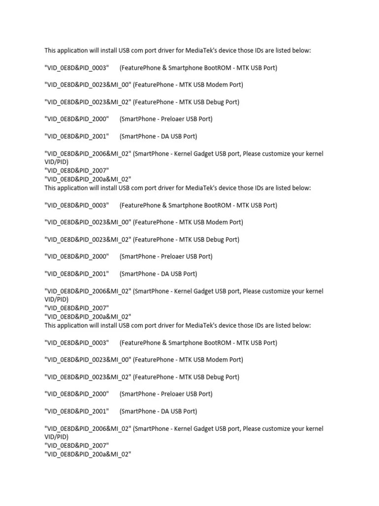 This Application Will Install USB Com Port Driver For MediaTek PDF Device Driver Usb