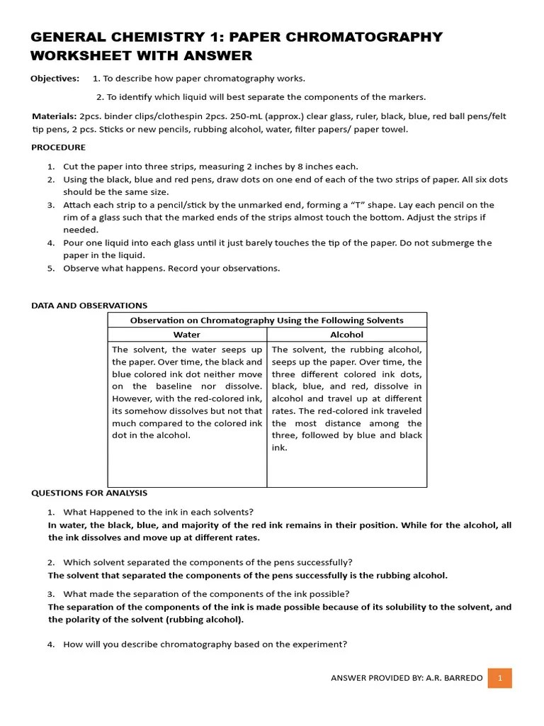 CHEMISTRY PAPER CHROMATOGRAPHY WORKSHEET WITH ANSWER PDF Chromatography Solubility
