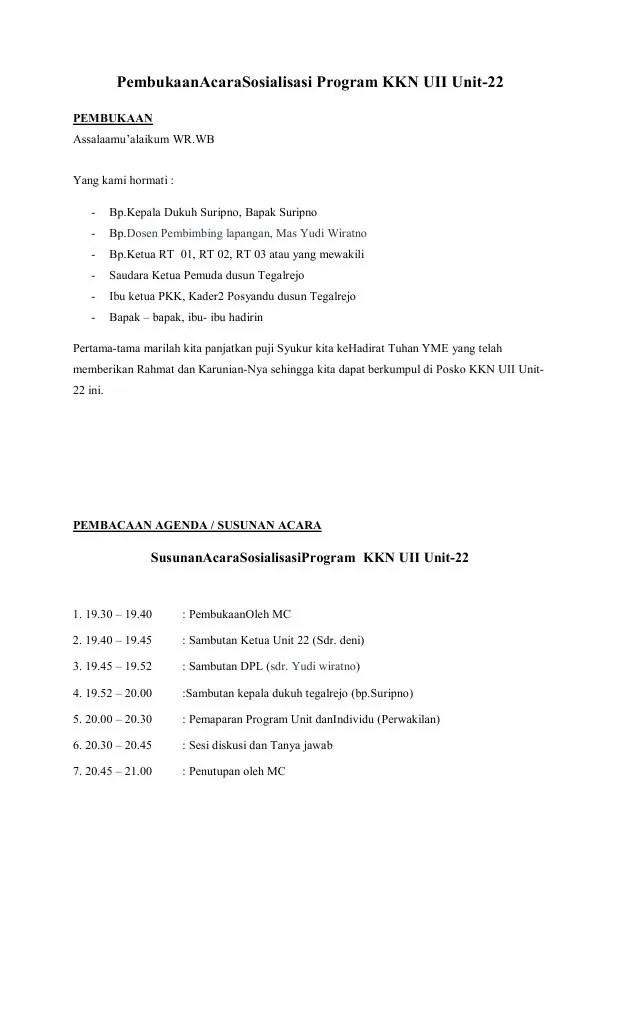 Susunan Acara Sosialisasi Program KKN UII Unit | PDF