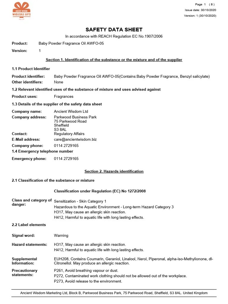 AWFO05 Baby Powder Fragrance Oil CLP Safety Data Sheet Download