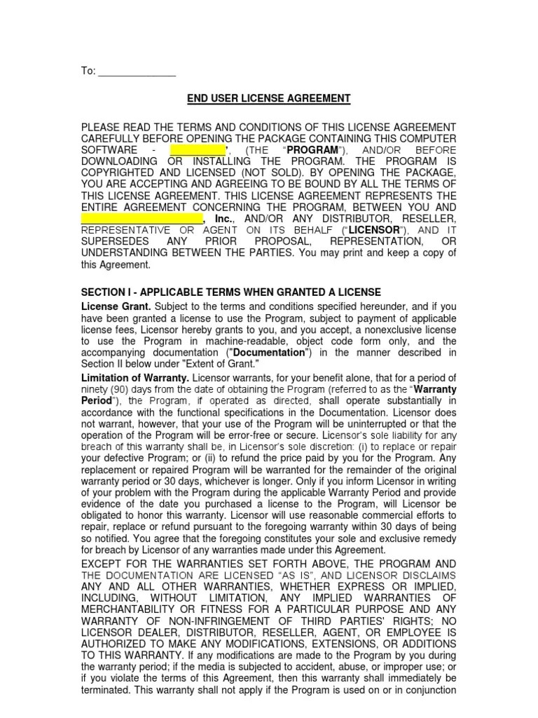 End User License Agreement Template2 License Damages