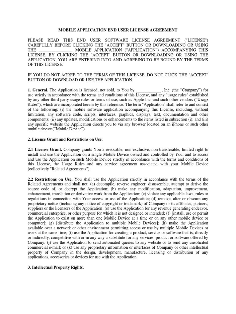 Mobile Application End User License Agreement Template PDF Template