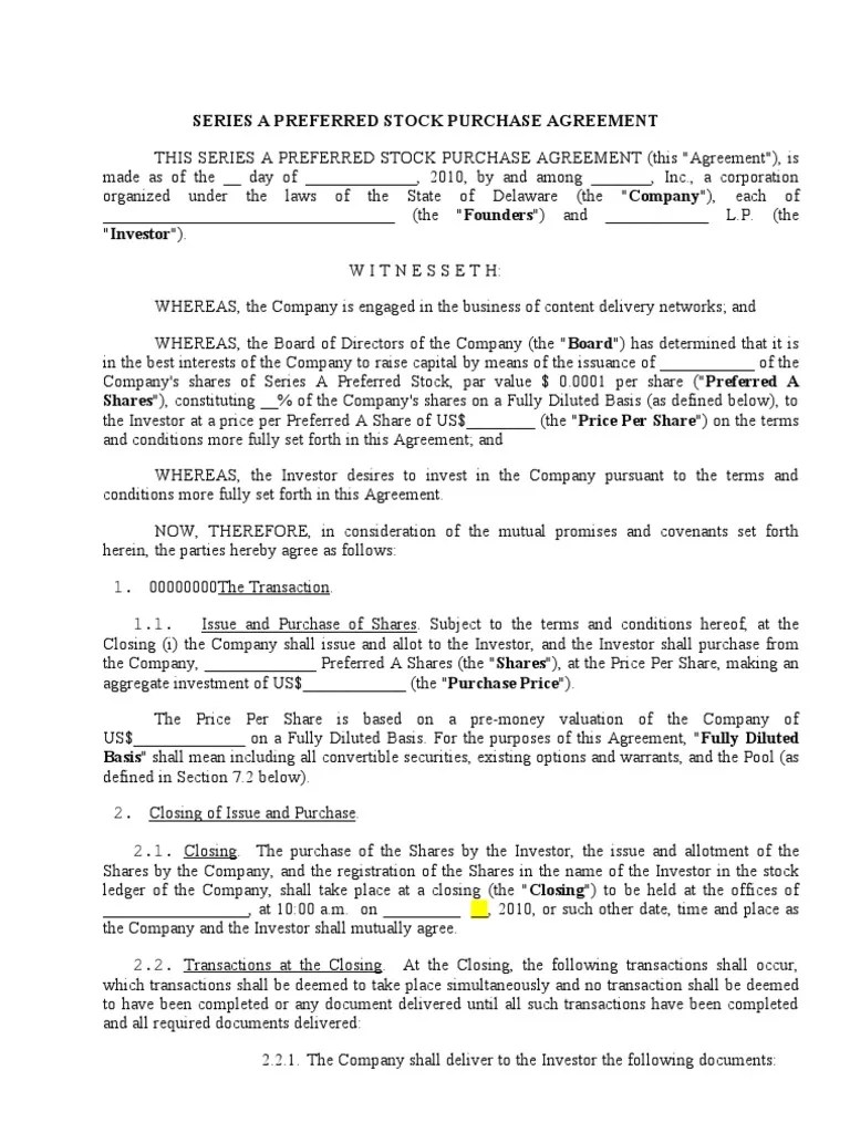 Series A Share Purchase Agreement Template1 PDF Stocks