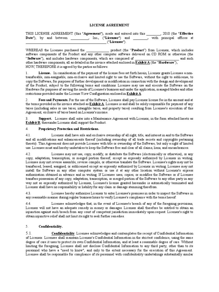 Software License Agreement Template 2 License Confidentiality
