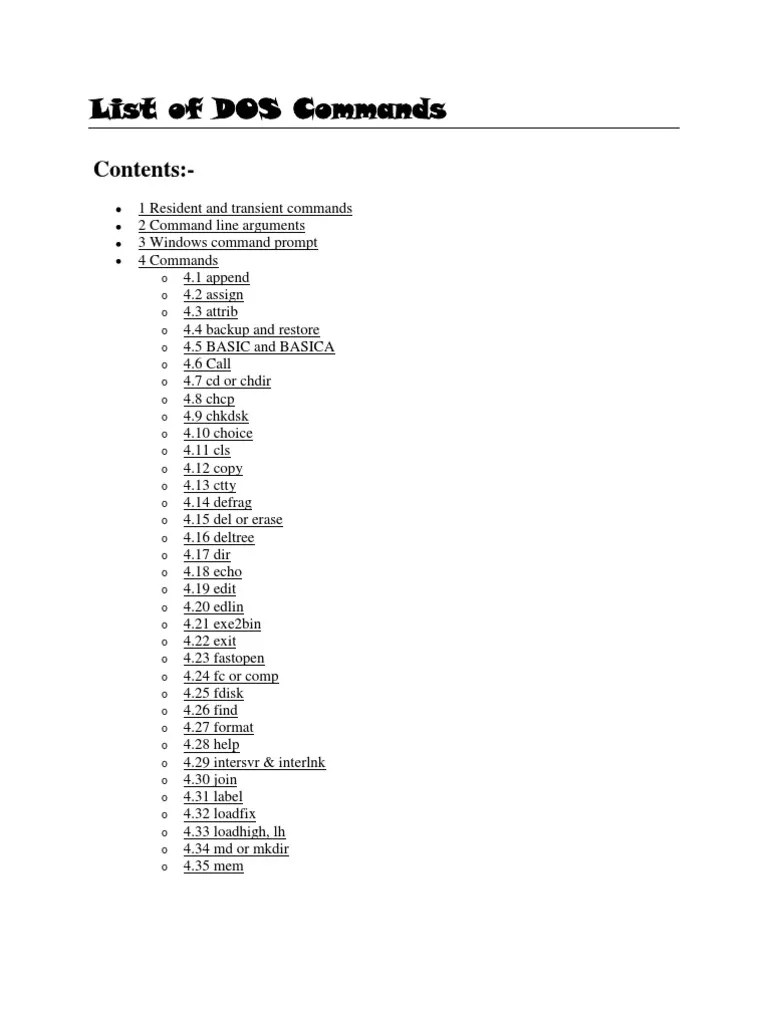 List of DOS Commands Dos Command Line Interface