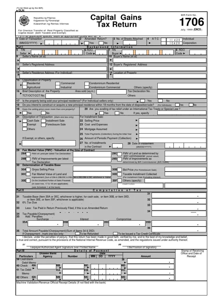 [BIR Form 1706] Capital Gains Tax Returm Capital Gains