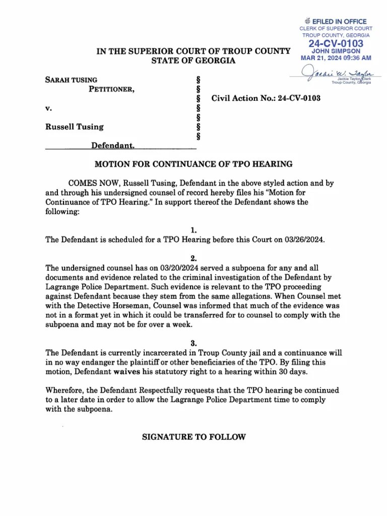 Tusing Court Case Motion for Continuance of TPO Hearing Motion to