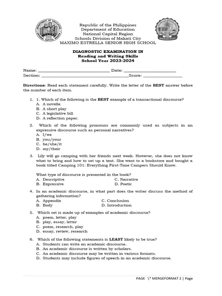 Reading and WritingDiagnosticExam2024 PDF Narration Experiment