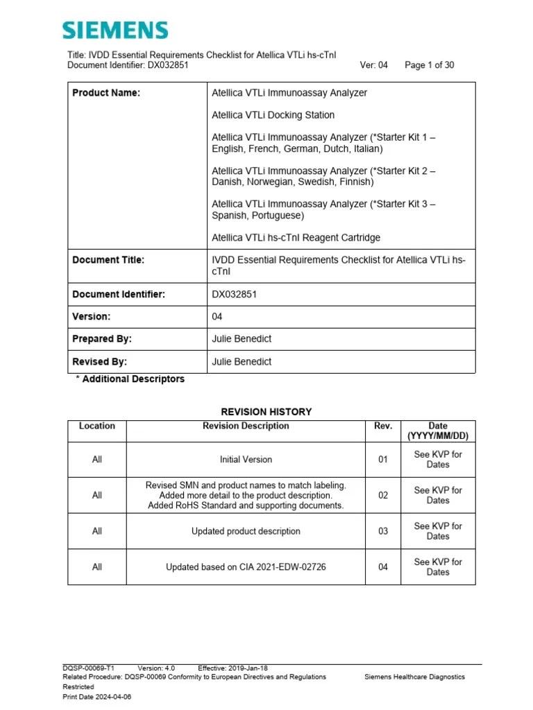 DX032851 Essential Requirements Checklist V4 (IVDD Annex I of IVD