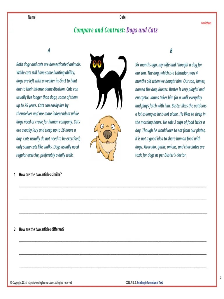 Compare and Contrast Dogs and Cats PDF Dogs Cats