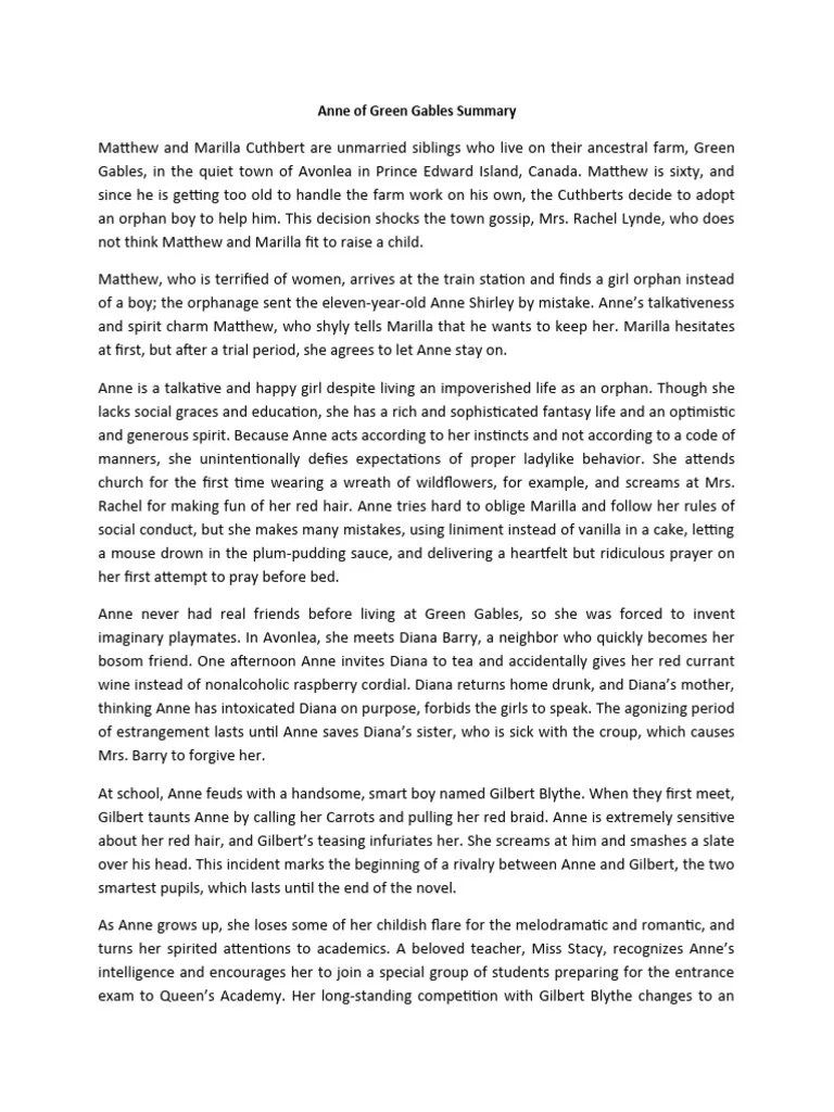 Anne of Green Gables Summary Download Free PDF Anne Of Green Gables