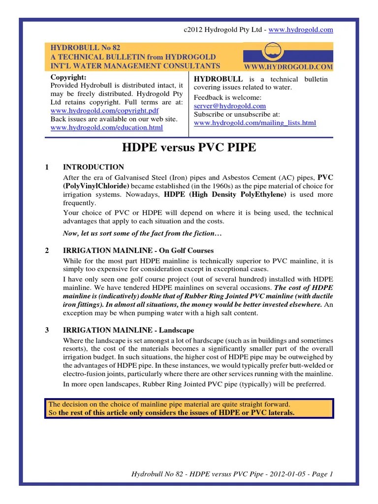 hb0082 20120105 Hdpe Vs PVC Pipe PDF Pipe (Fluid Conveyance