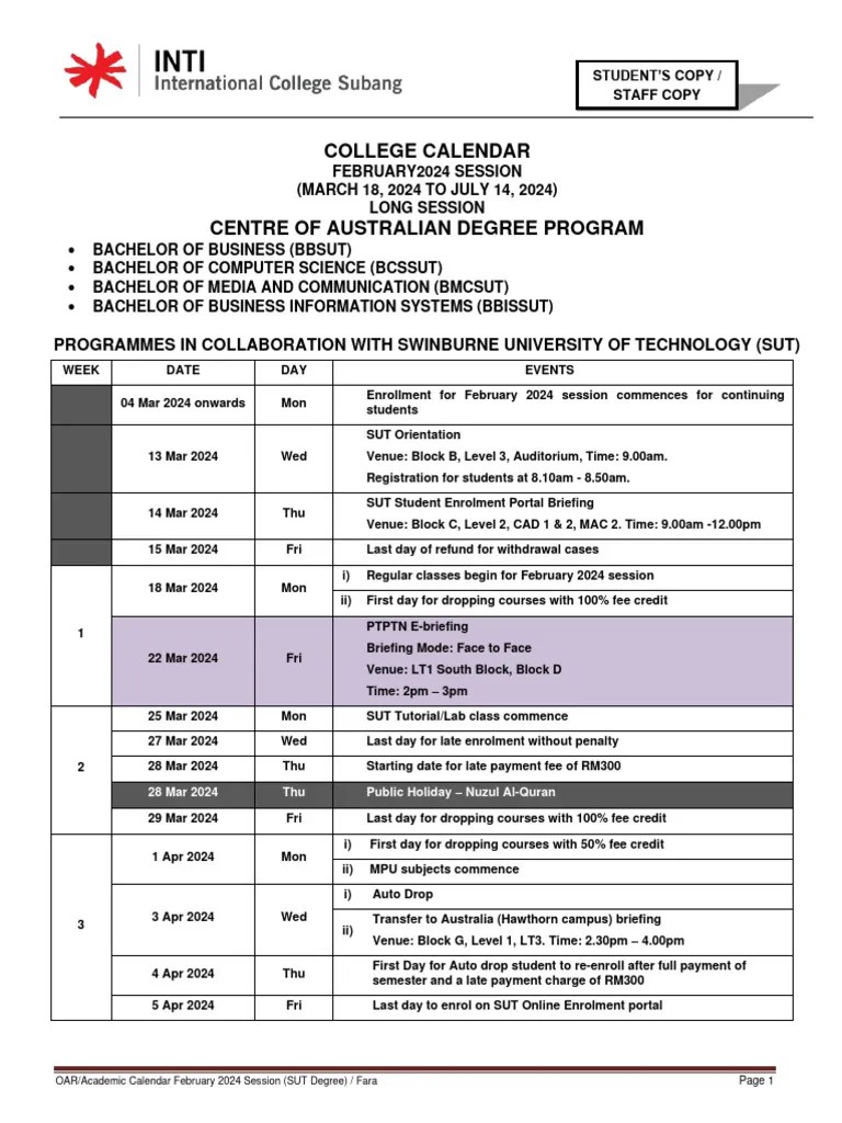 SUT Degree College Calendar February 2024 V1 PDF Academic Term