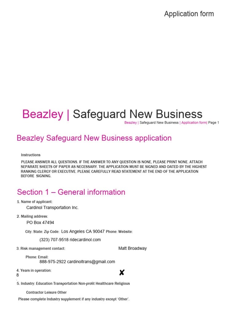 Beazley Safeguard New Business Application PDF Fraud Insurance