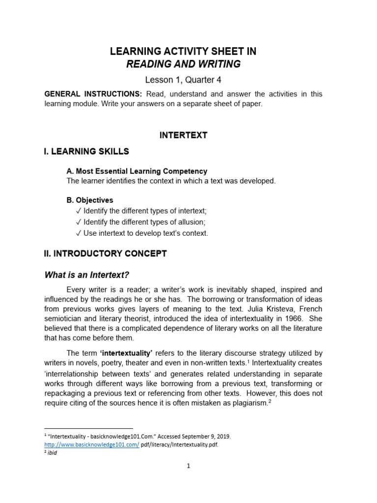 Reading and Writing Intertext Learning Module PDF Intertextuality