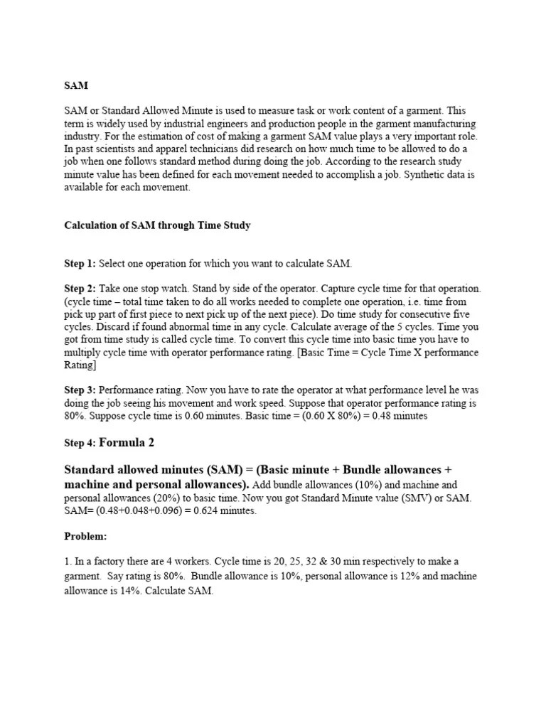 Formula 2 Standard Allowed Minutes (SAM) (Basic Minute + Bundle Allowances + Machine and