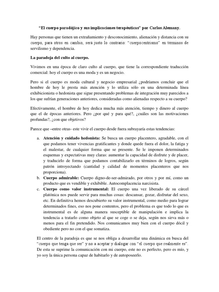 Resumen Carlos Alemany "El Cuerpo Paradójico y Sus Implicaciones Terapéuticas" Psicología