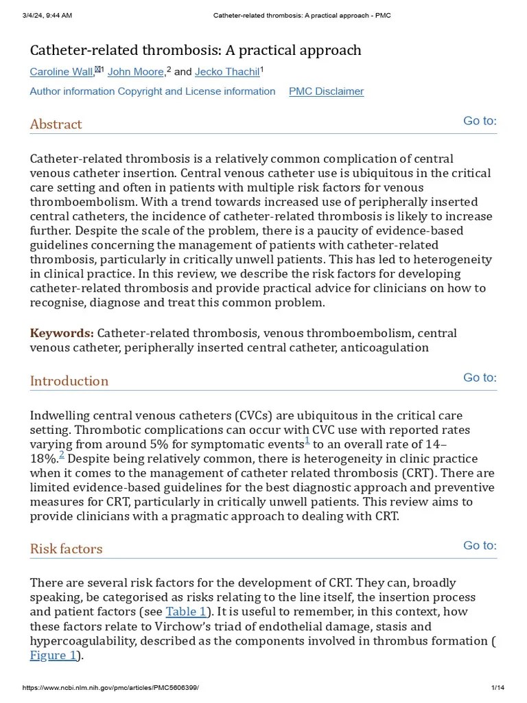 CatheterRelated Thrombosis A Practical Approach PMC PDF