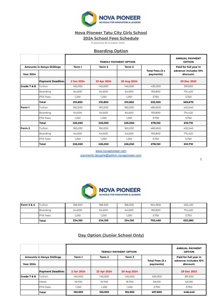 2025 School Fee Structure Tatu City Girls PDF Banks Cheque