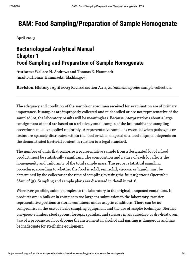1 Bacteriological Analytical Manual BAM Ch1 Food Sampling Preparation
