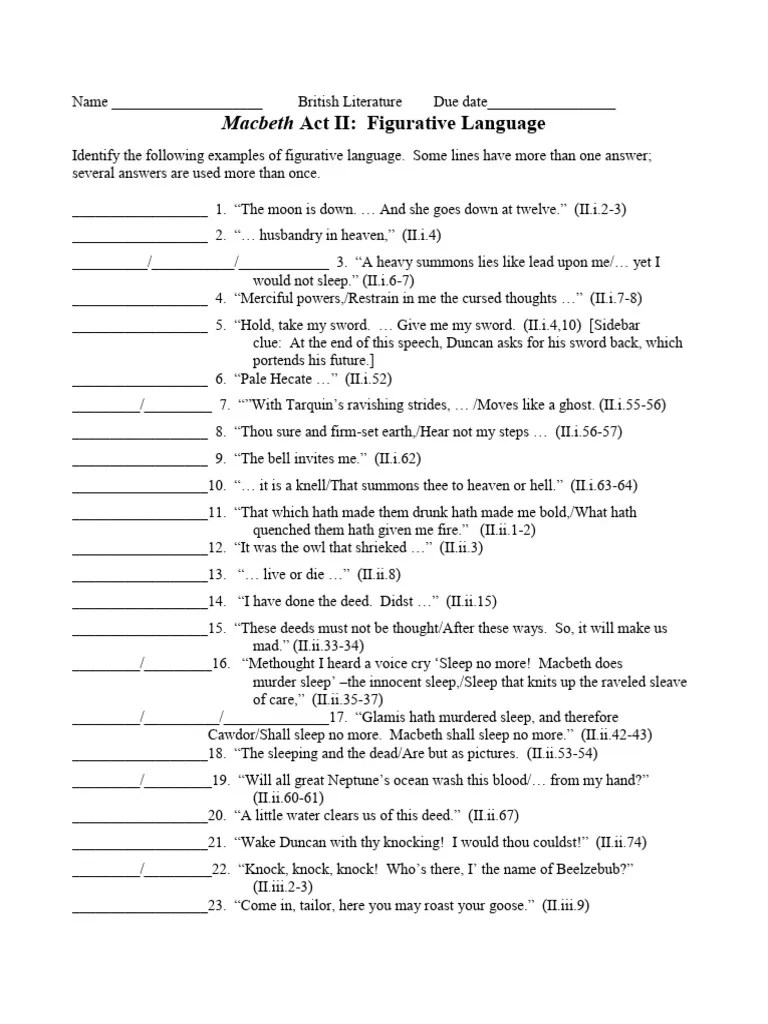 Macbeth Act II Figurative Language PDF Macbeth
