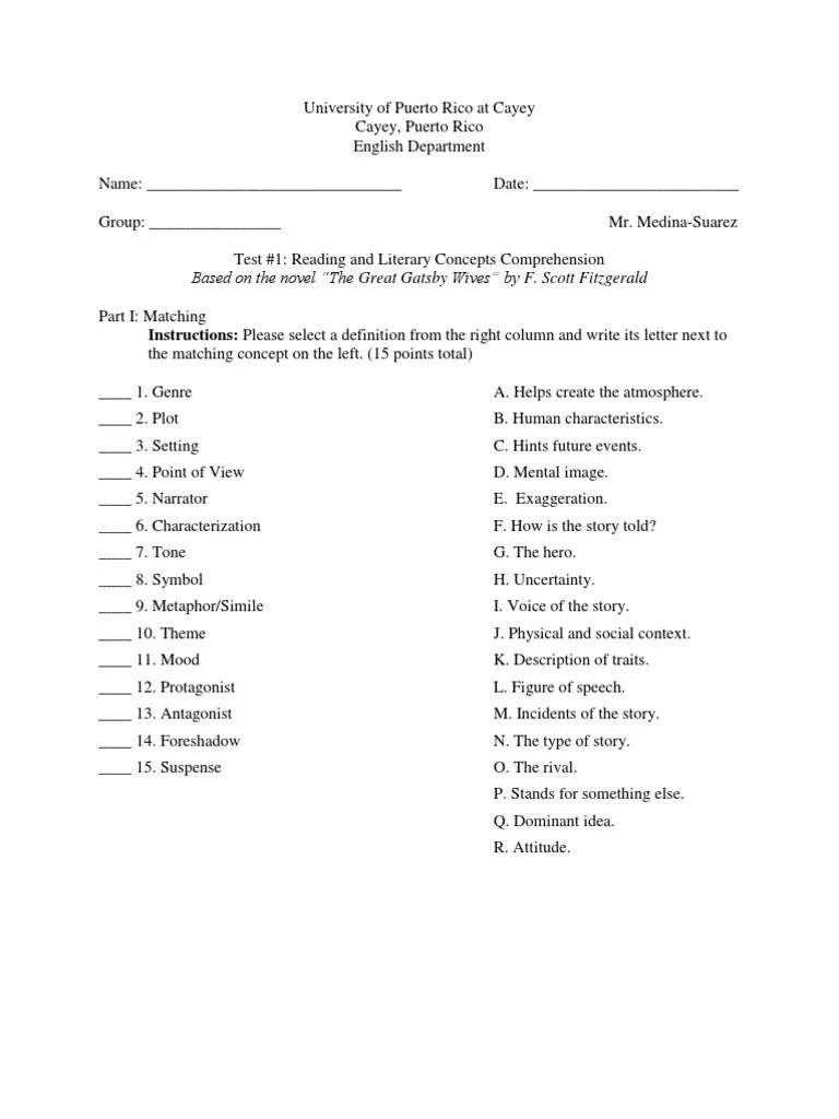 Great Gatsby and Literary Terms Test The Great Gatsby Fiction