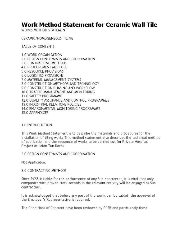 Work Method Statement for Ceramic Floor Tiling. Tile Logistics