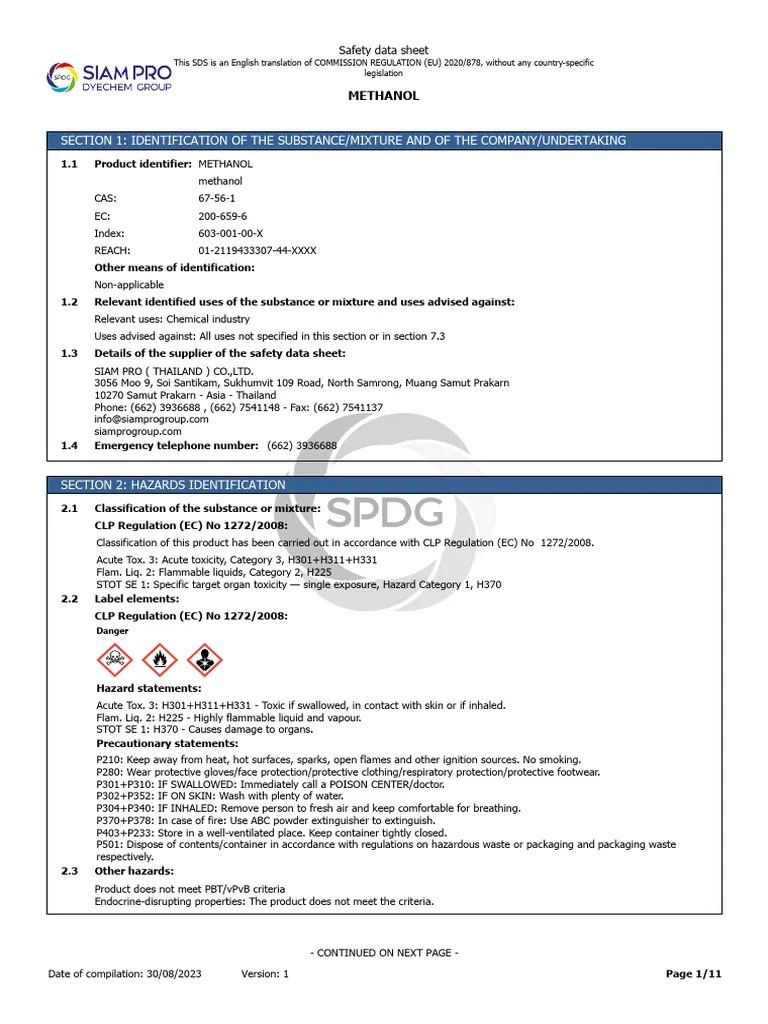 Safety data sheet of 'METHANOL' PDF Dangerous Goods Toxicity