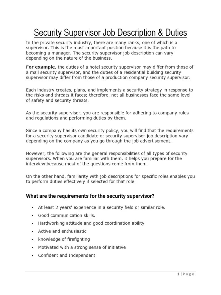 Security Supervisor Job Description PDF Supervisor Police