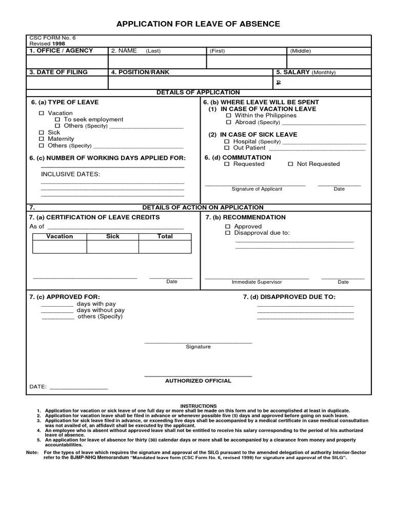 CSC FORM 1998 ALA Form of BJMP Application For Leave of Absence