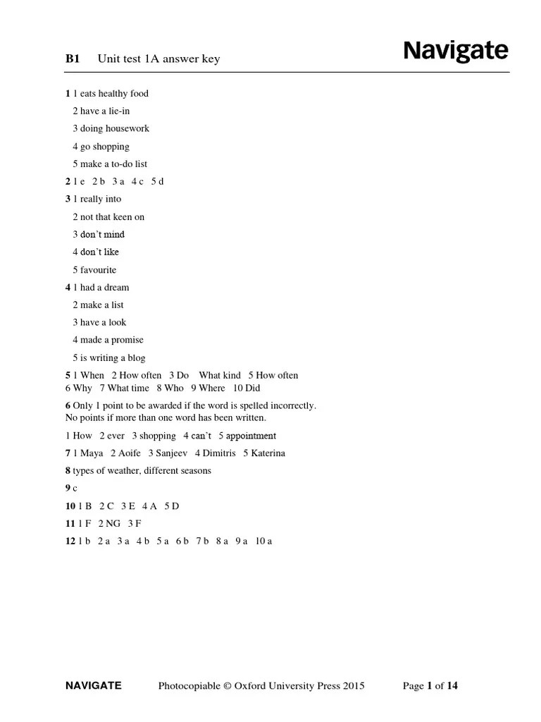 Navigate B1 Unit A Test Key PDF