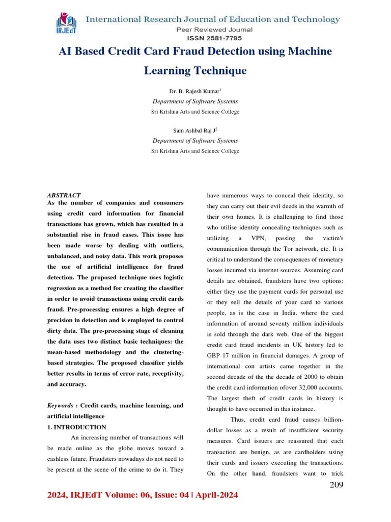 AI Based Credit Card Fraud Detection Using Machine Learning Technique
